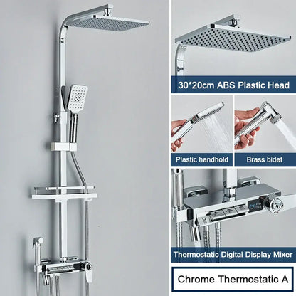 Chrome decorbites digital display shower system with chrome finish square rainhead handheld spray and digital thermostatic mixer