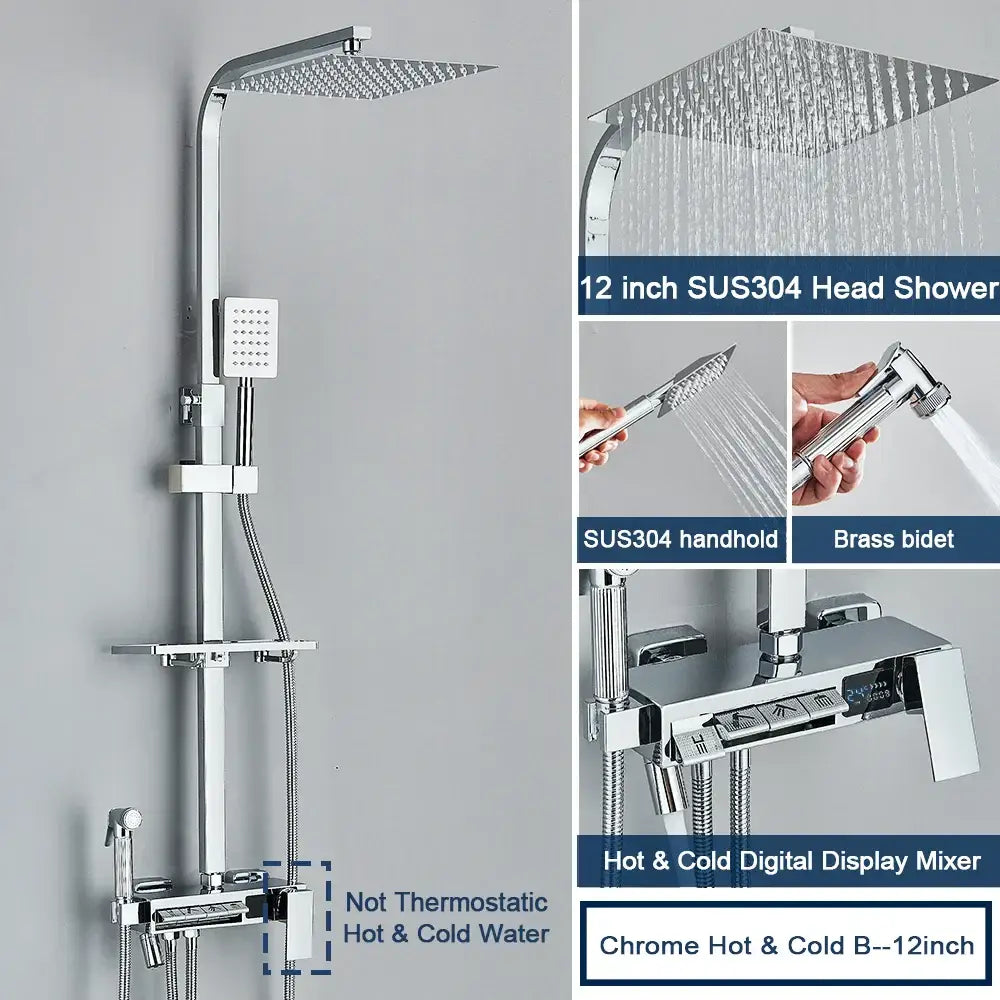 Chrome decorbites digital display 12-inch square shower head with sus304 stainless steel and integrated rain spray pattern