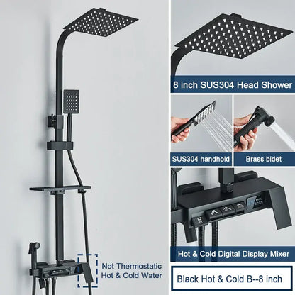 Black matte chrome decorbites digital display shower system with square rainhead handheld shower and tub spout