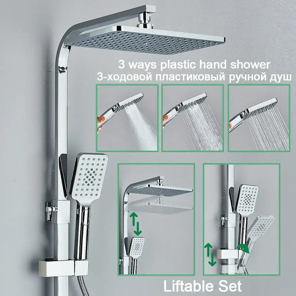 Chrome decorbites digital display shower system with chrome finish square rainhead handheld unit and tub spout bathroom set
