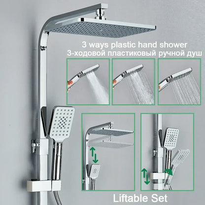 Chrome decorbites digital display shower system with chrome finish square rainhead handheld unit and tub spout bathroom set