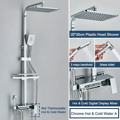 Chrome decorbites digital display shower system with square rainhead, handheld spray, brass bidet, and tub spout