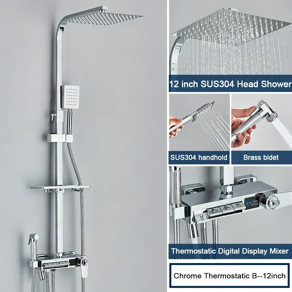 Chrome decorbites digital display shower system with 12-inch chrome rain shower head sus304 handheld and brass bidet
