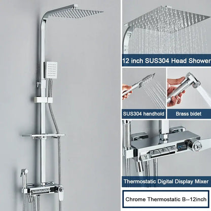 Chrome decorbites digital display shower system with 12-inch chrome rain shower head sus304 handheld and brass bidet