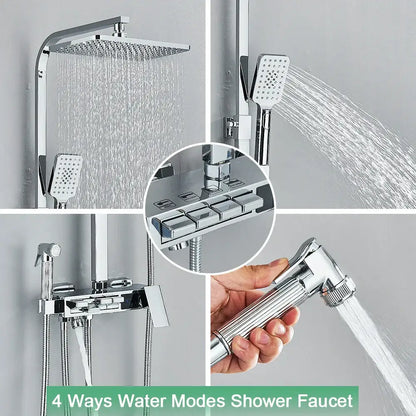 Chrome decorbites digital display shower system with chrome finish square rainhead handheld spray and tub spout