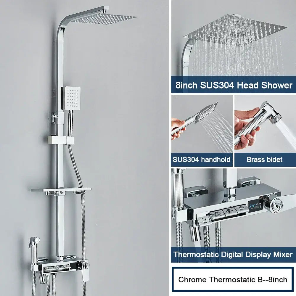 Chrome decorbites digital display shower system with square rainhead handheld sprayer and thermostatic mixer bathroom tub spout