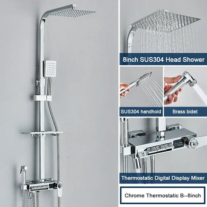 Chrome decorbites digital display shower system with square rainhead handheld sprayer and thermostatic mixer bathroom tub spout