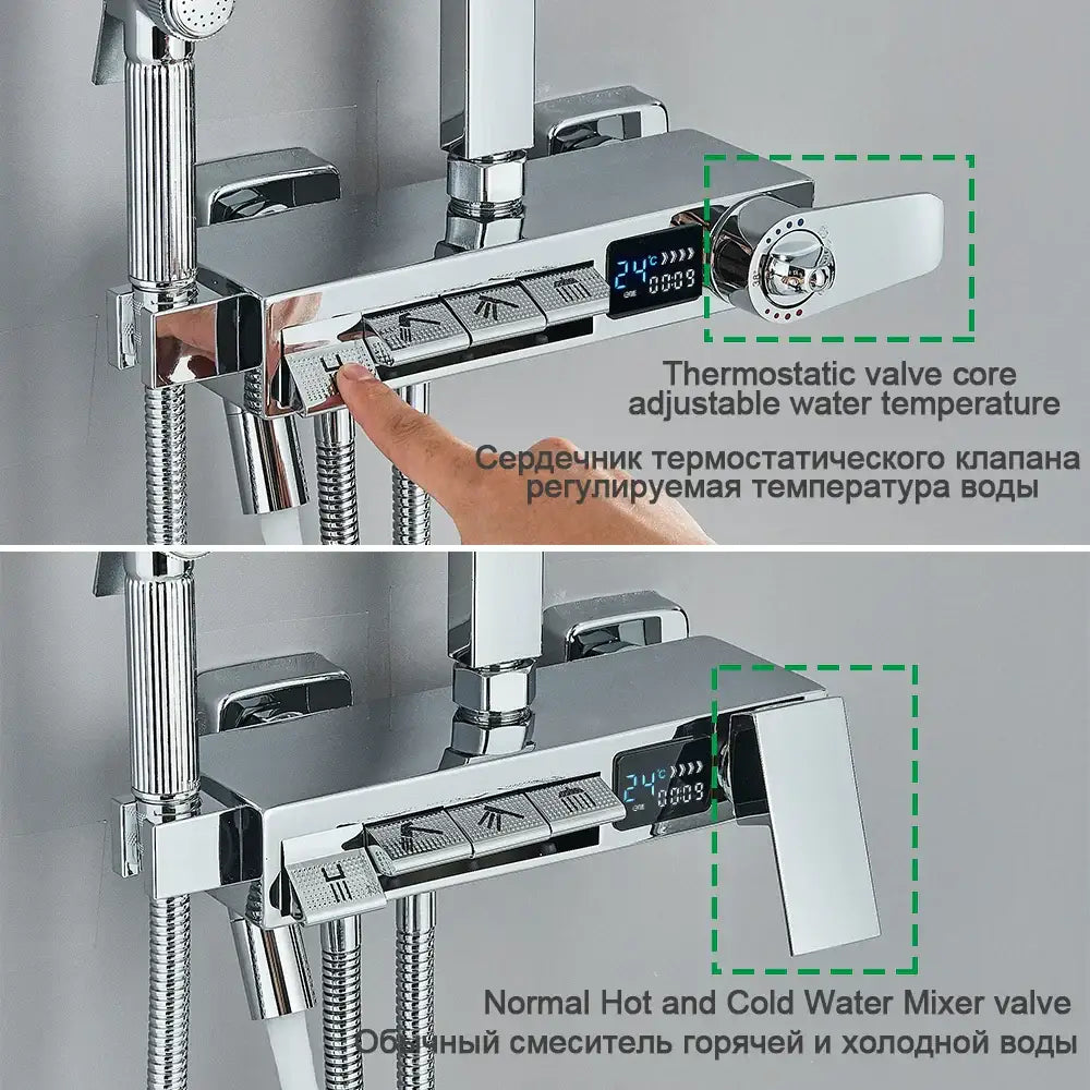 Chrome decorbites digital display shower valve with chrome finish and touch controls for bathroom tub spout system