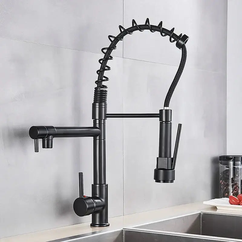 Black matte finish decorbites kitchen faucet with pull down spring hose and flexible coiled gooseneck spout