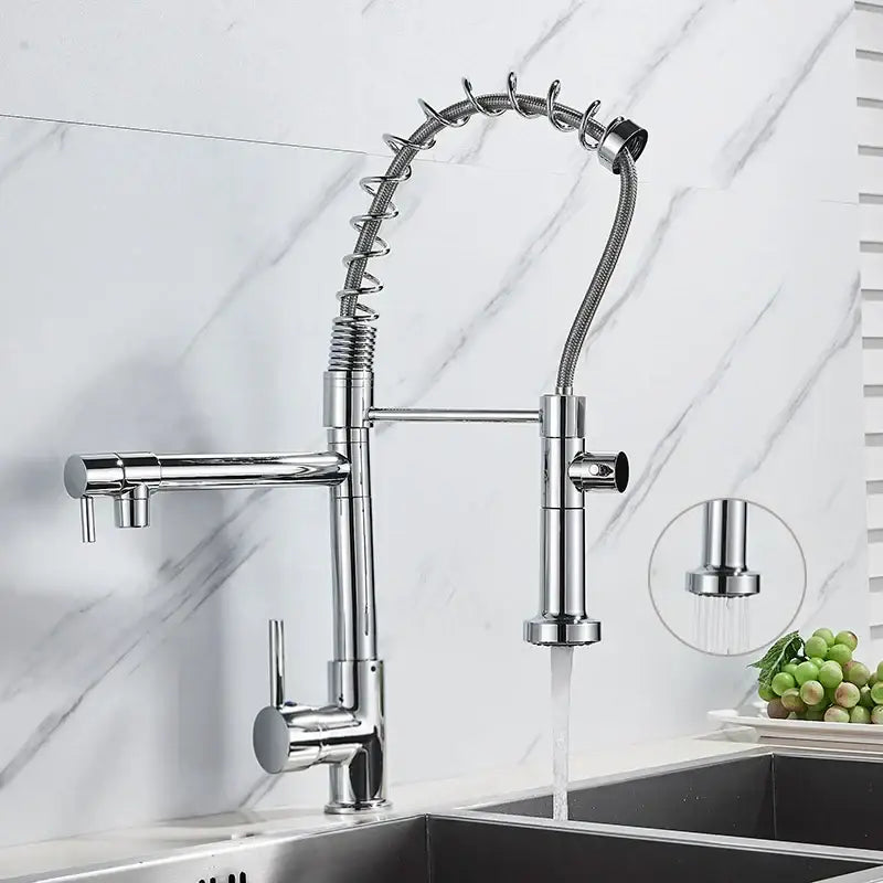 Chrome decorbites kitchen faucet with pull-down spring hose in chrome finish and dual spray heads for versatile use