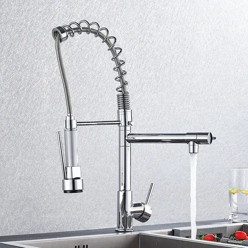 Chrome decorbites kitchen faucet with pull down spring hose and dual spray heads in chrome finish for versatile use