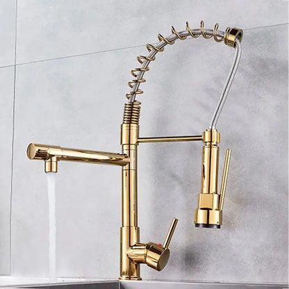 Gold color decorbites kitchen faucet with pull down flexible coiled spring hose and dual spray heads for kitchen use