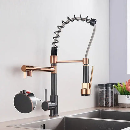 Rose gold and black decorbites kitchen faucet with pull down spring hose and flexible coiled design for easy use