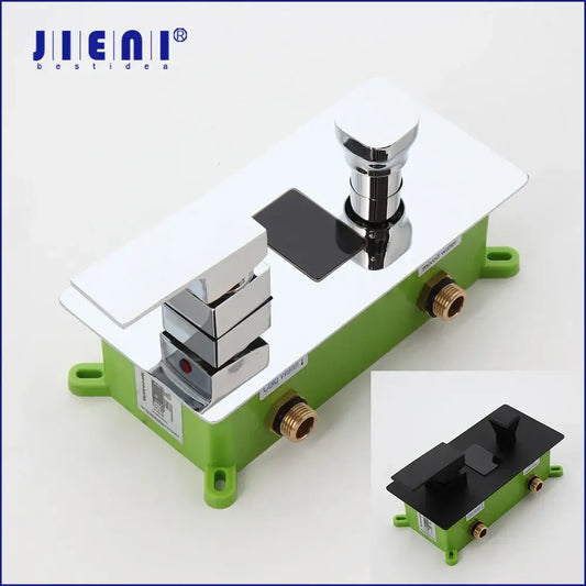 Chrome digital shower mixer valve control panel with chrome finish brass fittings and green plastic base wall mount assembly