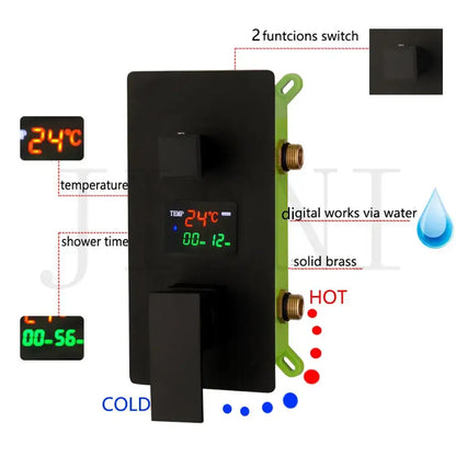 Black solid brass digital shower mixer valve control panel with led display showing temperature and time wall mount