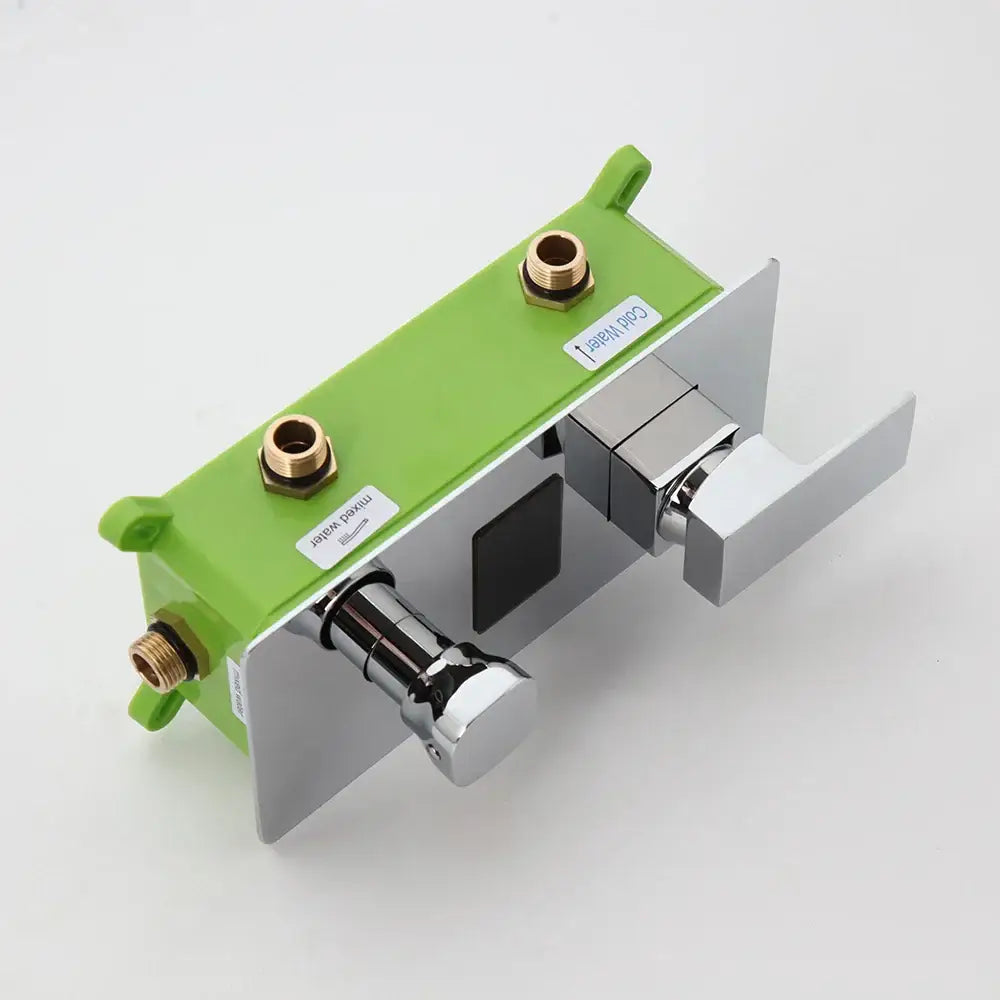 Green and chrome bathroom faucet assembly with brass fittings for chrome digital shower mixer valve control panel wall mount