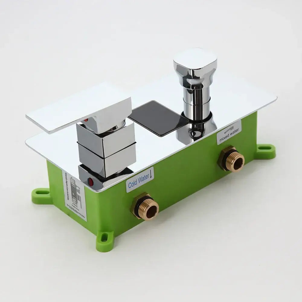 Chrome digital shower mixer valve control panel wall mount with chrome finish, brass connections, and green plastic base