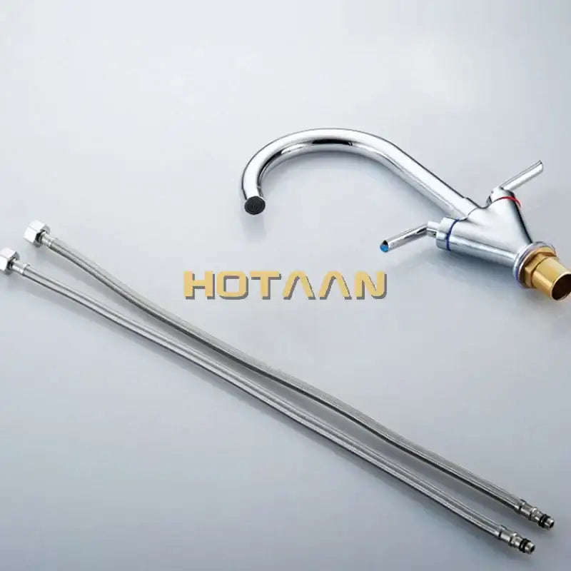 Chrome double handle kitchen sink mixer tap with swivel spout featuring chrome finish, brass base, and two flexible hoses