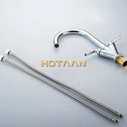 Chrome double handle kitchen sink mixer tap with swivel spout featuring chrome finish, brass base, and two flexible hoses