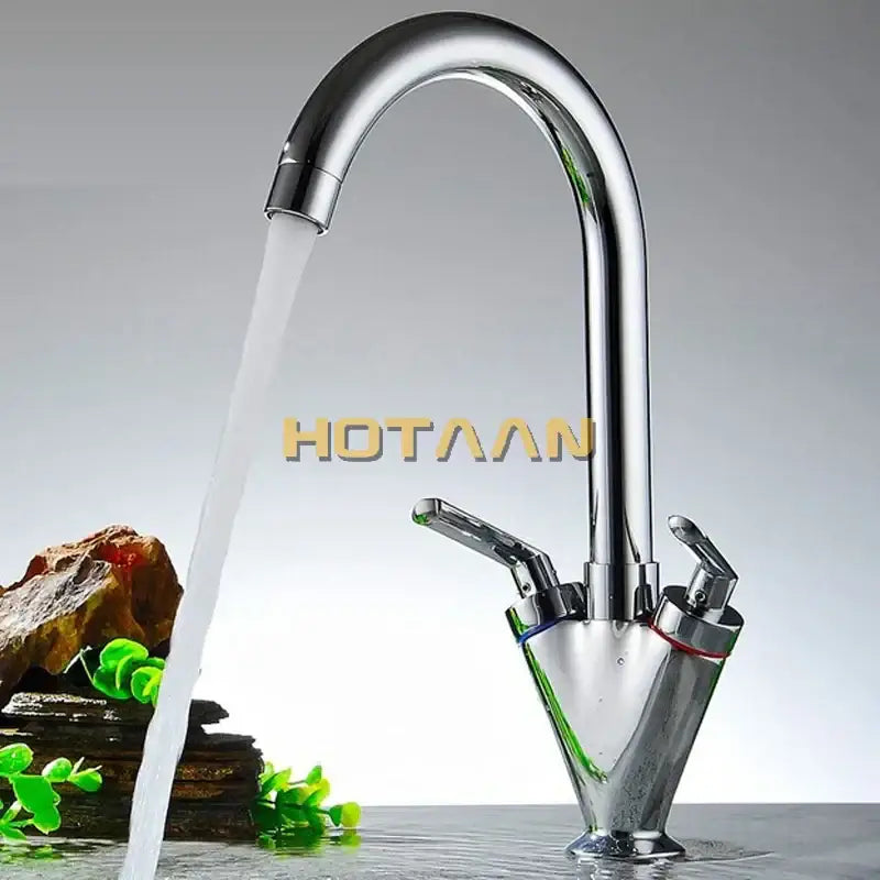 Chrome double handle kitchen sink mixer tap with a high-arc swivel spout and sleek modern chrome finish design