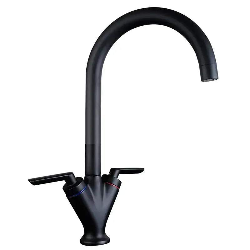 Black matte finish double handle kitchen sink mixer tap with sleek curved swivel spout for modern kitchens
