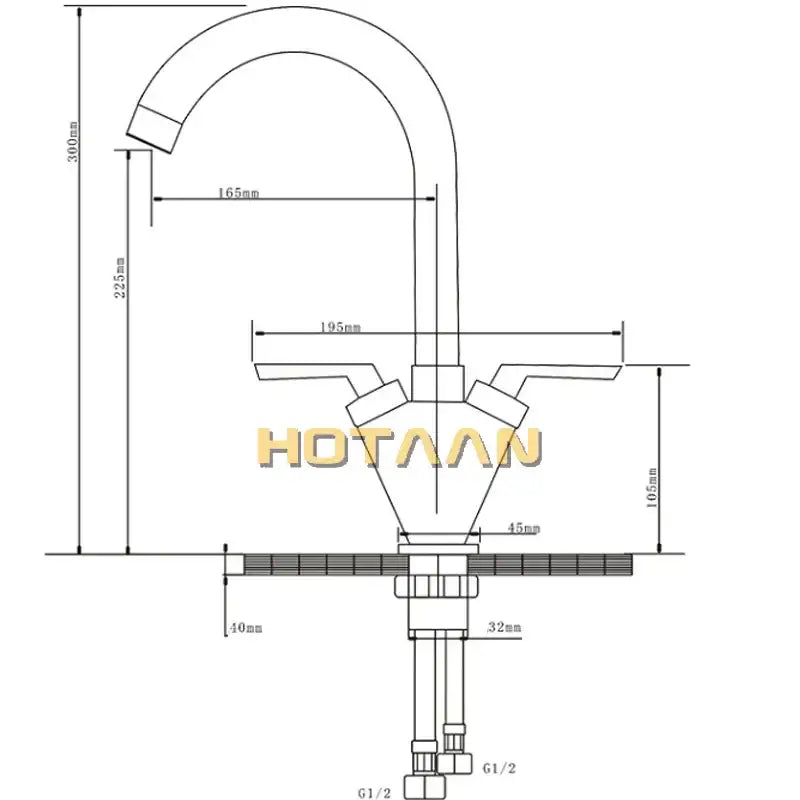 Curved chrome double handle kitchen sink mixer tap with swivel spout and precise dimensional markings