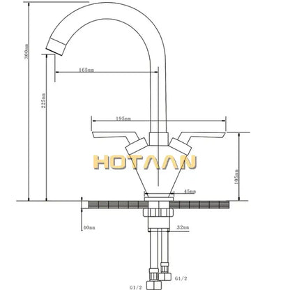 Curved chrome double handle kitchen sink mixer tap with swivel spout and precise dimensional markings