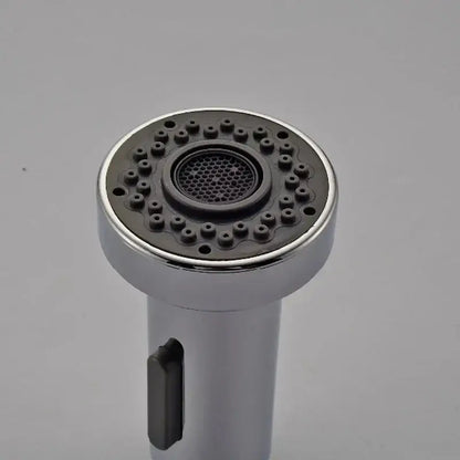 Chrome finished decorbites dual function kitchen sprayer head with black rubberized nozzle and multiple spray holes