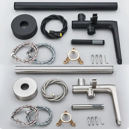 Chrome decorbites dual handle floor standing bathtub faucet set with black and stainless steel textured showerhead and hoses