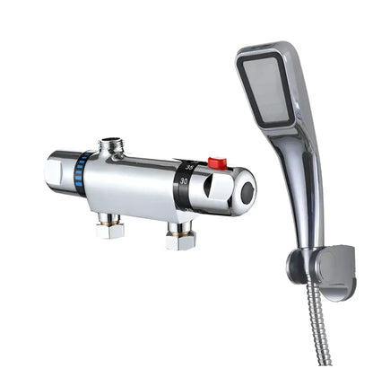 Chrome dual handle thermostatic shower faucet mixer with temperature control dial and matching handheld showerhead