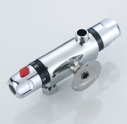 Chrome dual handle thermostatic shower faucet mixer with chrome finish, red reset button, and temperature dial for bathroom use