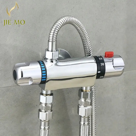 Chrome dual handle thermostatic shower faucet mixer with shiny chrome finish, red reset button, and blue temperature ring