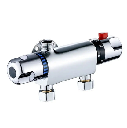 Chrome dual handle thermostatic shower faucet mixer with chrome finish, red reset button, and temperature dial in degrees