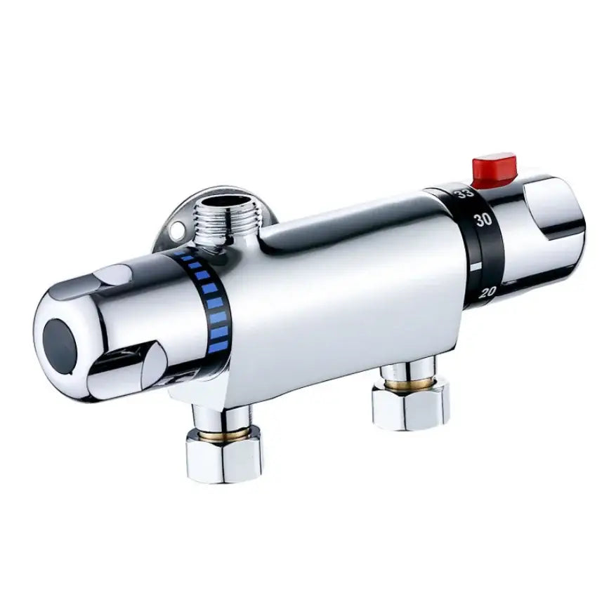 Chrome dual handle thermostatic shower faucet mixer with chrome finish, red reset button, and temperature dial in degrees