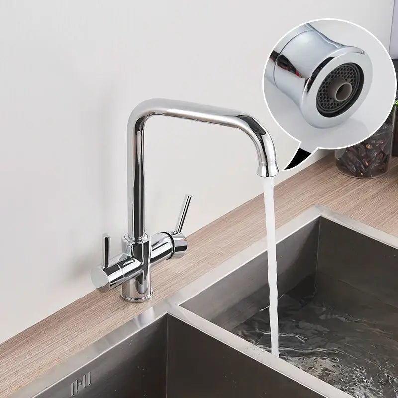Chrome dual spout filter kitchen sink tap with 360 rotation featuring a sleek curved spout and dual handles by decorbites