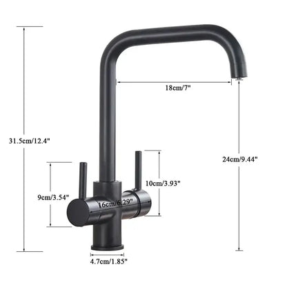 Black matte finish decorbites dual spout filter faucet with curved spout and dual handles for kitchen sink tap