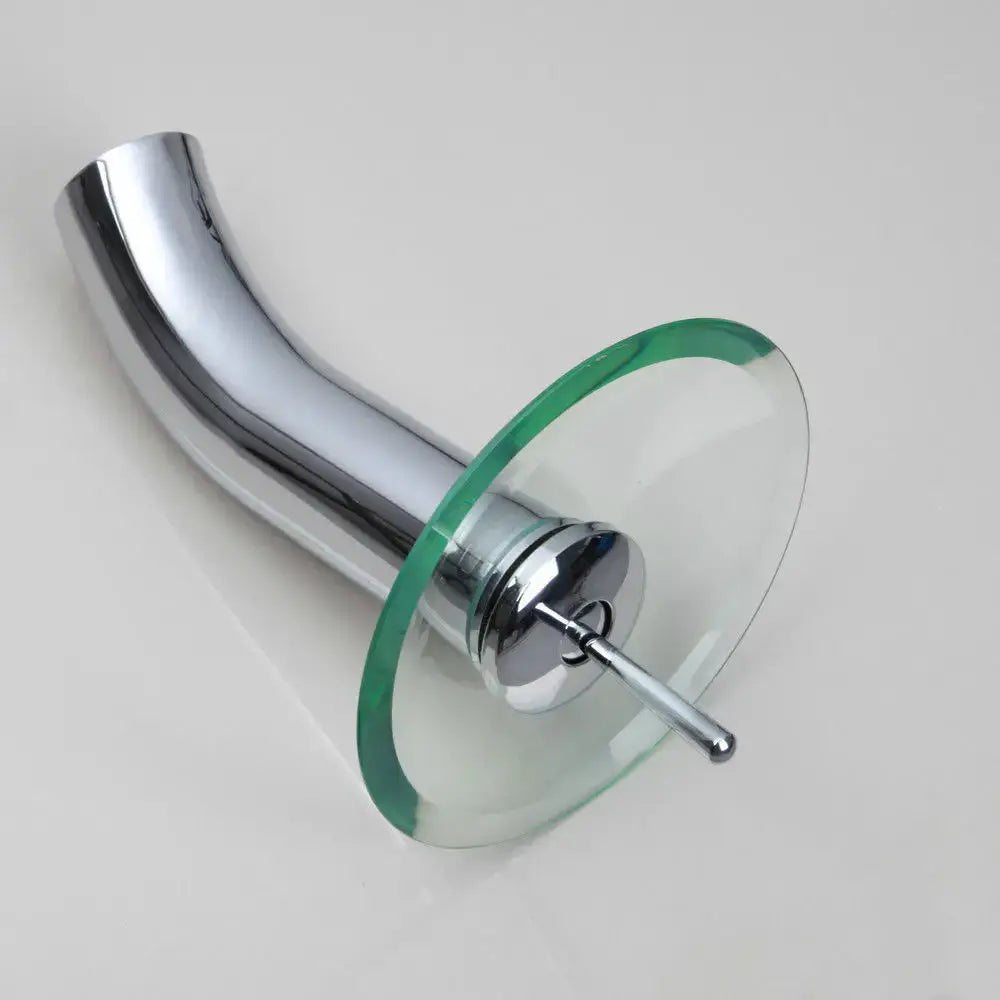 Chrome glass waterfall faucet with clear glass disc and green-tinted rim for bathroom sink mixer