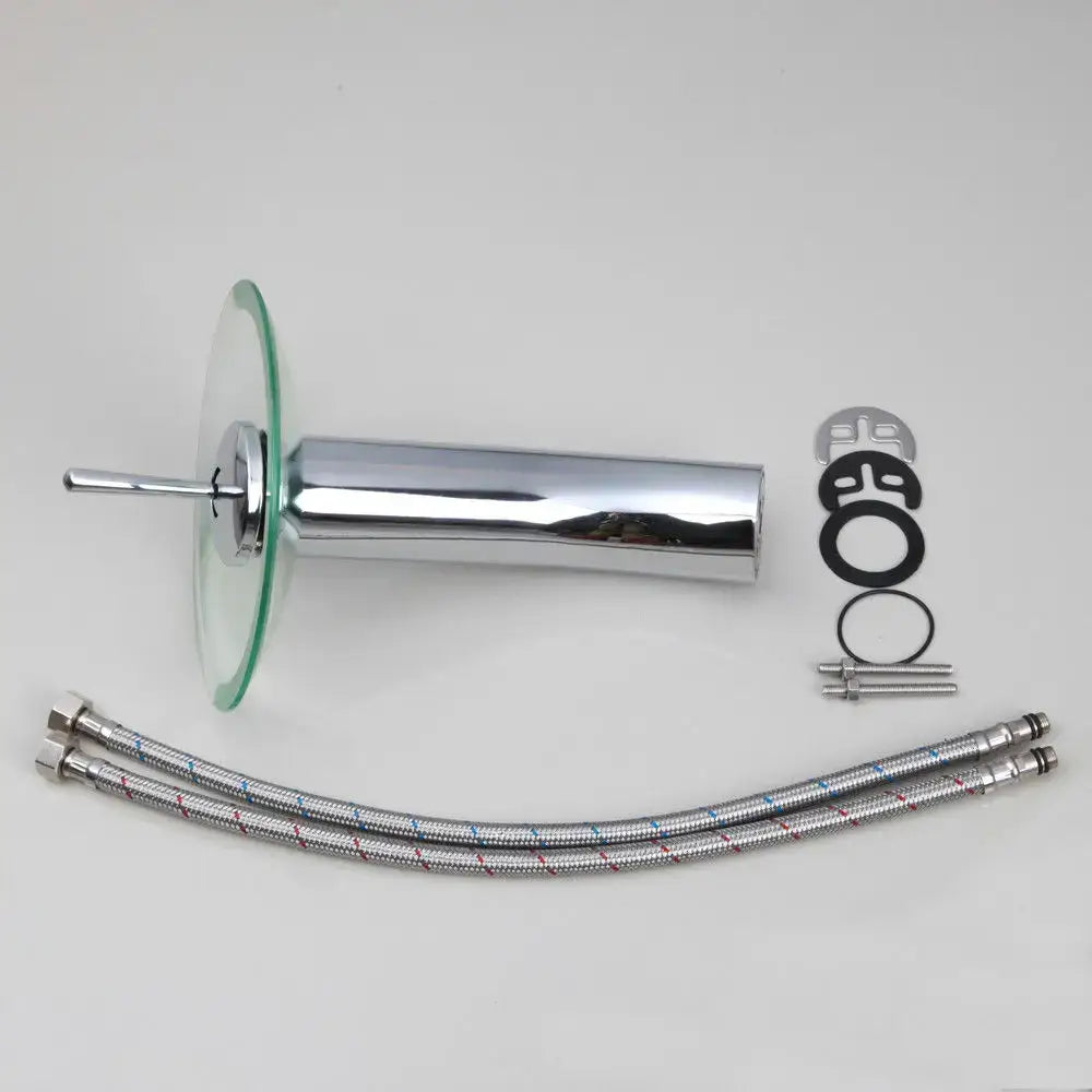 Chrome glass waterfall faucet with chrome-finished pedestal sink mixer, clear glass basin, and flexible braided hoses
