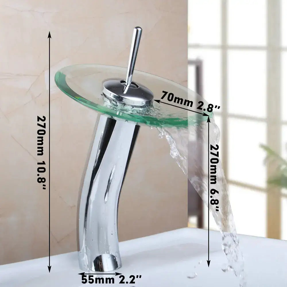 Chrome glass waterfall faucet with transparent glass bowl and sleek curved spout for bathroom sink mixer use