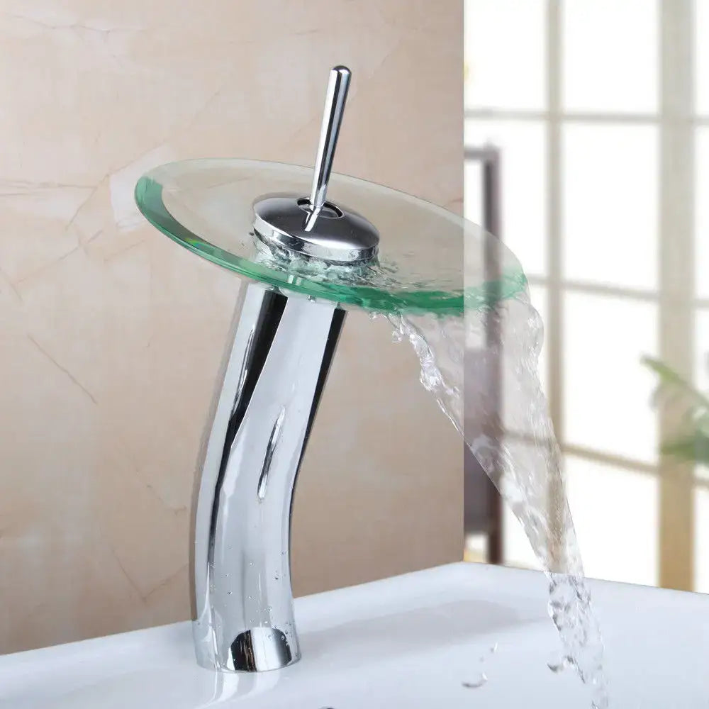 Chrome glass waterfall faucet bathroom sink mixer with transparent glass disc and sleek curved spout in chrome finish