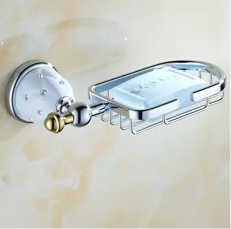 Chrome finished wall-mounted soap dish with gold toned knob and crystal embellishments from decorbites bathroom hardware set