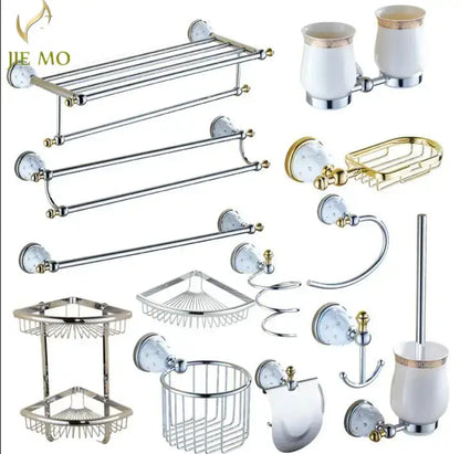Jie mo chrome and gold ceramic bathroom hardware set with white ceramic accents for decorbites bathroom hardware
