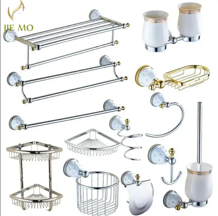 Jie mo chrome and gold ceramic bathroom hardware set with white ceramic accents for decorbites bathroom hardware