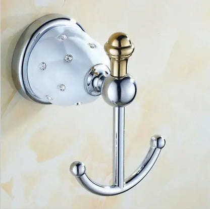 Chrome and gold ceramic double hook towel rack with crystal embellishments from decorbites bathroom hardware set