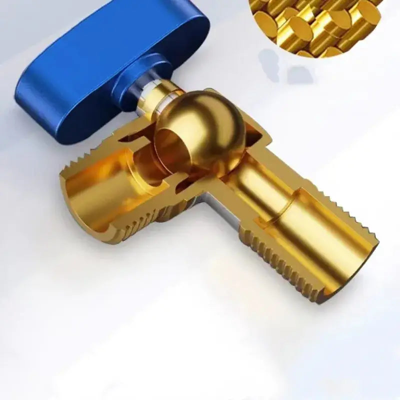 Gold-colored brass angle valve with blue handle and threaded connections for decorbites brass angle valve bathroom use