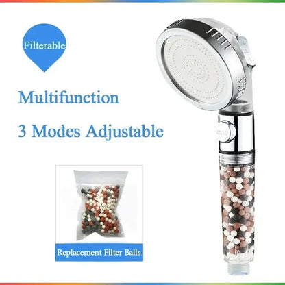 Chrome high pressure water saving shower head with 3 modes and transparent filter housing filled with colorful filter balls