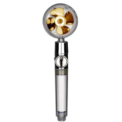 A sleek transparent chrome shower head with gold fan nozzle designed for high pressure water saving and filtration