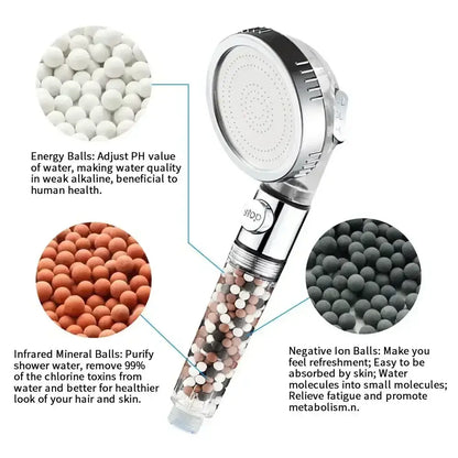 Chrome high pressure water saving shower head with filter featuring a transparent cylinder and multicolored beads