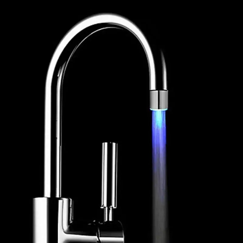 Chrome led water faucet aerator with a sleek curved spout emitting blue led light for kitchen decorbites led water use
