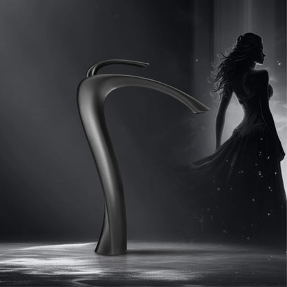 Modern matte black deck mounted brass bathroom vanity faucet with sleek curved design and single hole cold water control